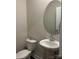 The powder room features a pedestal sink, oval mirror, and modern fixtures at 345 Hyssop Ct, Fort Mill, SC 29715