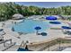Aerial view of a community pool featuring blue umbrellas, lounge chairs, and lifeguards at 509 Silers Bald Dr, Fort Mill, SC 29715