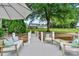 A serene backyard featuring a seating area, wooden pier, and lush green lawn, perfect for relaxation at 8218 Bright Water Ln, Denver, NC 28037