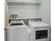 Efficient laundry room with modern washer and dryer, shelves and storage space at 16831 Alydar Commons Ln, Charlotte, NC 28278