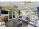 Inviting screened porch with outdoor furniture, mounted TV, and neighborhood views at 16831 Alydar Commons Ln, Charlotte, NC 28278