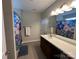 Bathroom with floral shower curtain, single sink vanity, and wood look tile floor at 348 Ox Bow Cir, Mount Holly, NC 28120