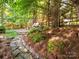 Beautiful backyard with a stone pathway and lush landscaping at 7040 Edenderry Dr, Charlotte, NC 28270