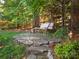 Backyard swing in shady area with mature trees, stone patio and lush foliage at 7040 Edenderry Dr, Charlotte, NC 28270