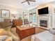 Comfortable living room with a fireplace, plush seating, and stylish decor at 7040 Edenderry Dr, Charlotte, NC 28270