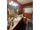 Bathroom featuring a red wall, a mirror, and a sink and toilet at 739 Owls Den Rd, Lincolnton, NC 28092