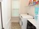 Functional laundry room equipped with a washer, dryer, storage shelves, and ample counter space at 1727 Grace Ln, Charlotte, NC 28262