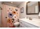 Bathroom with a vanity and shower with a patterned curtain at 195 Brookfield Cir, Mooresville, NC 28115