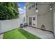 A cozy patio area features artificial turf, a small table with an umbrella, and privacy fence with string lights at 413 Hurston Cir, Charlotte, NC 28208