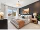 Comfortable main bedroom with large windows, stylish lighting, and a decorative accent wall at 5735 Castlerea Dr, Charlotte, NC 28217