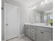 Well-lit bathroom featuring a double vanity with gray cabinetry and tile flooring at 6012 Millbridge Pkwy, Waxhaw, NC 28173