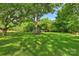 Spacious backyard featuring lush greenery, mature trees, and a chicken coop with shed at 6624 Lancer Dr, Charlotte, NC 28226