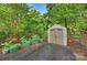 This yard has a small shed and beautiful green garden with raised planter beds at 6624 Lancer Dr, Charlotte, NC 28226