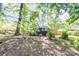Backyard has a fire pit area with a green chair and mature vegetation all around at 1115 Grovewood Dr, Charlotte, NC 28208
