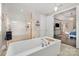 Bathroom with a soaking tub, walk-in shower with seating and a view to the main bedroom at 320 Eden Hollow Ln, Weddington, NC 28104