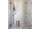 Elegant glass enclosed shower featuring marble tile, a rainfall shower head, and charming decorative stool at 6013 Pivot Ct, Charlotte, NC 28205