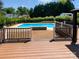 Beautiful in-ground swimming pool surrounded by well-maintained landscaping, a deck, and a privacy fence at 903 Furman Ct, Fort Mill, SC 29708