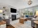 Inviting living room with a fireplace, built-in shelving, hardwood floors, large windows, and comfortable seating at 1014 Harrogate Ln, Matthews, NC 28104