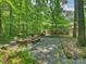 Backyard featuring a firepit, outdoor furniture, and greenery, offering a relaxing view of the home at 10545 Mount Holly Huntersville Rd, Huntersville, NC 28078