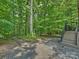 Landscaped backyard with stone path, wooden steps, seating, and woodland views at 10545 Mount Holly Huntersville Rd, Huntersville, NC 28078