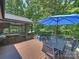 Outdoor dining area with a dark table and chairs and a view of the trees and the screened porch at 10545 Mount Holly Huntersville Rd, Huntersville, NC 28078