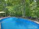 Pool with wooden decking and lounge chairs set among the trees, with a table and benches for enjoying the scenery outdoors at 10545 Mount Holly Huntersville Rd, Huntersville, NC 28078