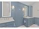 Stylish blue bathroom featuring double sinks, marble countertops, and modern lighting at 1200 Rutledge Ave, Charlotte, NC 28211