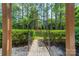 Lush backyard framed by an iron archway and hedge offering privacy and a pathway through a wooded area at 12039 Lawings Corner Dr, Huntersville, NC 28078