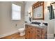Bathroom features a vanity with granite counters, hardwood floors, and natural lighting at 18311 Rosapenny Rd, Charlotte, NC 28278