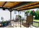 Covered back porch features seating, rustic wood ceiling, view of backyard, and a hanging bird feeder at 205 Wrentree Ln, Gastonia, NC 28056