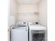 Functional laundry room with modern front load washer and dryer and a wire rack for storage at 8040 Flanders St, Charlotte, NC 28277