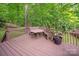 Wooden deck featuring built-in seating, a table, and lush greenery creates a cozy outdoor space at 8227 Lansford Rd, Charlotte, NC 28277