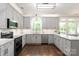 Bright kitchen with gray cabinets, stainless steel appliances, hardwood flooring, and granite countertop at 8227 Lansford Rd, Charlotte, NC 28277