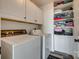 A tidy laundry room featuring a washer and dryer plus shelving with towels and laundry supplies at 1140 Landsdown Dr, Salisbury, NC 28147