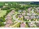 Expansive aerial view highlighting a beautiful neighborhood with mature trees, scenic pond, and well-maintained homes at 13204 Feale Ct, Charlotte, NC 28278