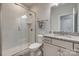 Modern bathroom features a sleek glass-enclosed shower, granite vanity top and brushed nickel fixtures at 155 Boxelder Rd, Clover, SC 29710