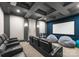 Cozy home theater with reclining chairs, beanbag seating, coffered ceiling, and a large projector screen at 2288 Brawley School Rd, Mooresville, NC 28117