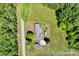 Overhead perspective of a home with a long driveway, surrounded by trees and an adjacent field at 335&315 Graham Rd, Mt Ulla, NC 28125