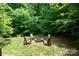 Outdoor fire pit surrounded by chairs offering a relaxing space with a backdrop of lush green trees at 6398 Winding Creek Ln, Denver, NC 28037