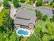 Aerial view of estate home with brick, screen porch, and backyard pool surrounded by mature trees and landscaping at 1260 Rittenhouse Ln, Rock Hill, SC 29732
