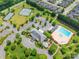 Aerial of clubhouse and community pool, includes parking, playground, tennis courts and well-manicured landscaping at 1260 Rittenhouse Ln, Rock Hill, SC 29732