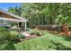 Expansive backyard with a covered patio, outdoor kitchen, fire pit, and lush green lawn surrounded by mature trees at 15247 Prescott Hill Ave, Charlotte, NC 28277