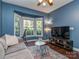 Blue living room with bay window, telescope, hardwood floors and neutral-colored furniture at 2301 Keara Way, Charlotte, NC 28270