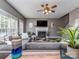 Cozy living room with plush gray sectional sofa, white fireplace and hardwood floors at 2301 Keara Way, Charlotte, NC 28270