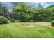 Expansive backyard with lush greenery, garden beds, and mature shade trees at 4220 Castlewood Rd, Charlotte, NC 28209