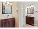 Well-lit bathroom featuring a vanity with a modern sink, mirror, and a separate door to a private area at 4619 Glasgow Ct, Gastonia, NC 28056