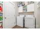Functional laundry room with a washer, dryer, and storage shelves at 6309 Fawn Crest Dr, Waxhaw, NC 28173