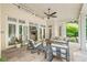 Covered outdoor patio featuring comfortable seating, ceiling fan, and access to the living room at 6831 Conservatory Ln, Charlotte, NC 28210