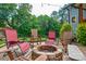Stone fire pit with Adirondack chairs nestled in a cozy backyard setting with gravel base and greenery at 8024 Eagle St, Mount Pleasant, NC 28124