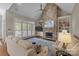 Cozy living room features a stone fireplace, built-in bookshelves, and plush seating at 8701 Highgrove St, Charlotte, NC 28277